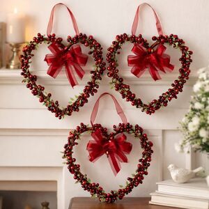 Set of 3 Red Berry Heart Wreaths Ribbon Bow Leaves Valentine Farmhouse Decor